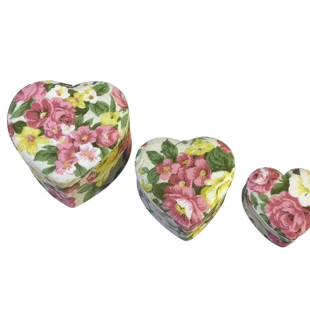 Vintage Floral Heart Nesting Boxes Set of 3 Padded Fabric Trinket Storage